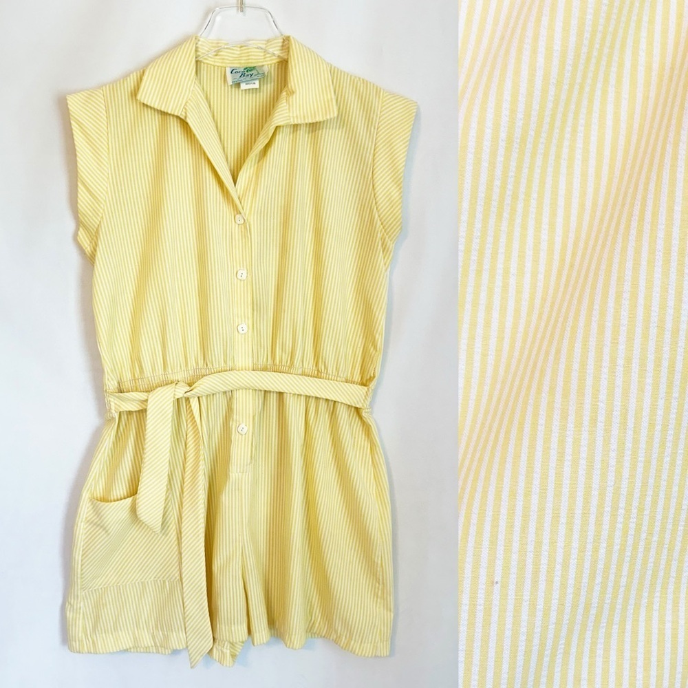 Vintage Coco Bay Miami Yellow White Seersucker Retro Cap Sleeve Romper Medium